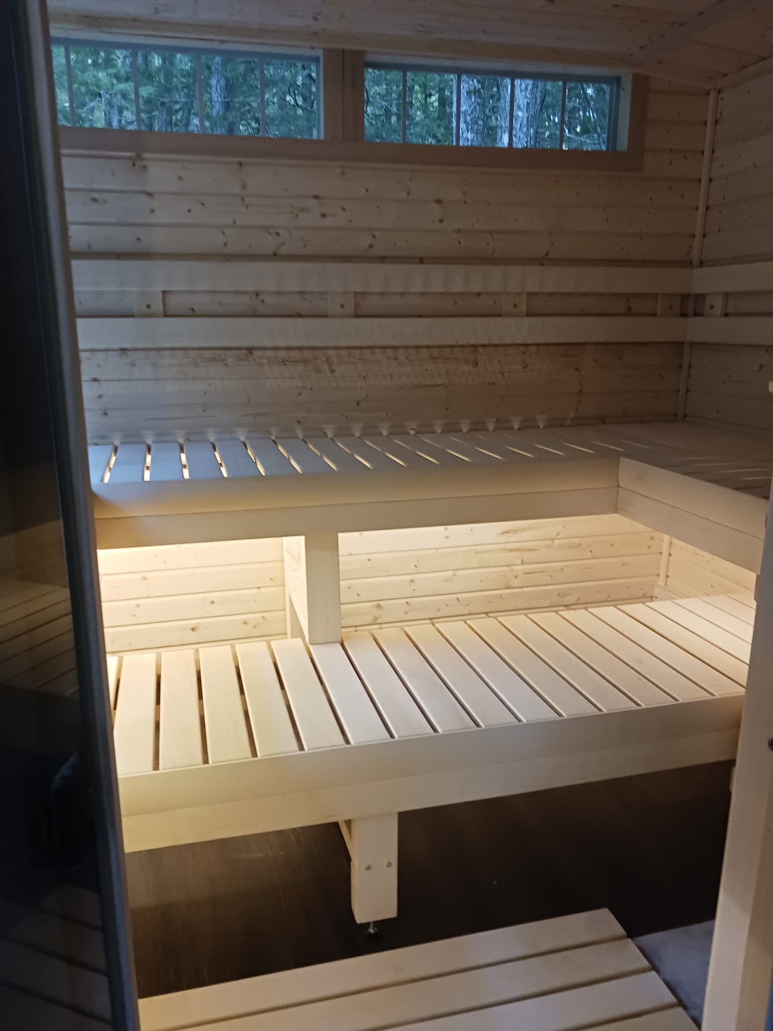 Finished sauna bench beneath high windows.